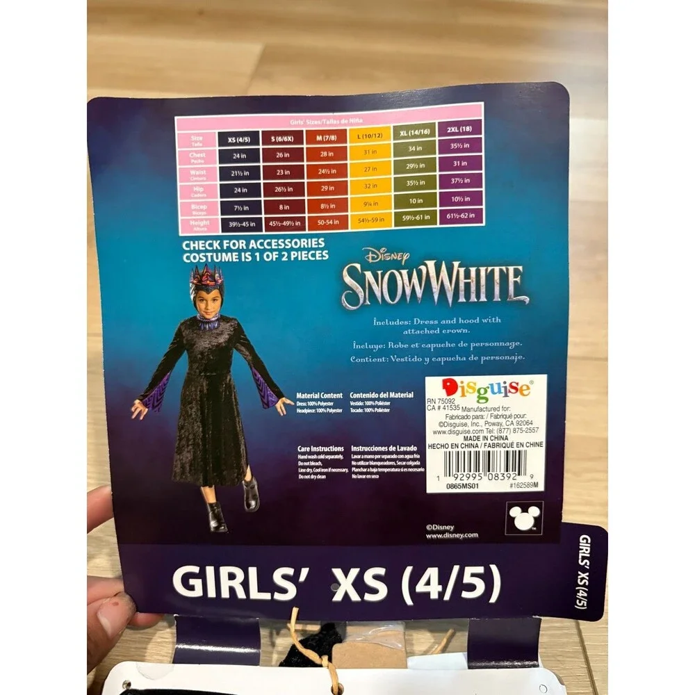 Disney Snow White Evil Queen Costume Girls XS 4/5 Black Dress Hood Disguise